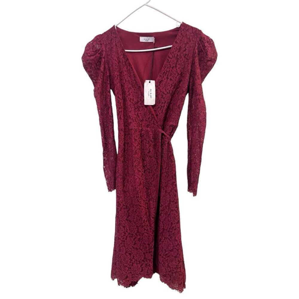 Ali & Jay Hollywood Heights Midi Long Sleeve Red Wrap Dress Size XS Puff Sleeve